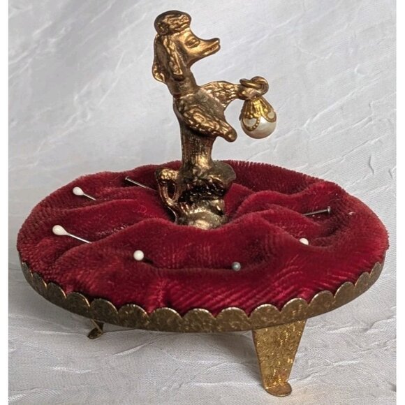 French Poodle Pin Cushion Pearl Gold Trinket Red Velvet Dog Jewelry Dish 60s Vtg - Picture 16 of 16